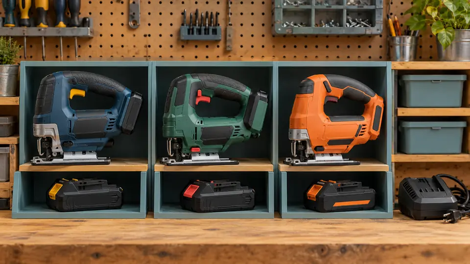 Jigsaws and separate battery packs organized on workshop shelves