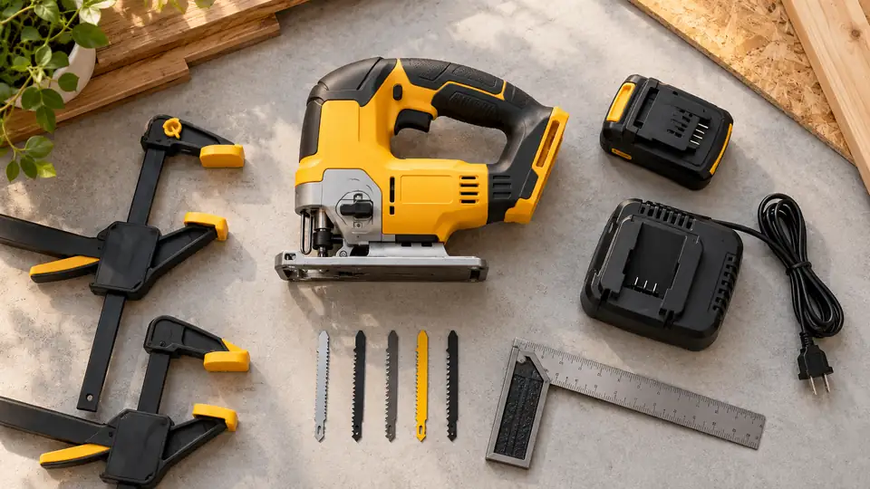 Bare jigsaw, battery, charger, blades and clamps arranged as a complete tool setup