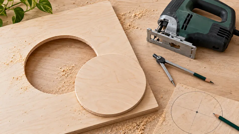 Circular plywood opening and round offcut beside a jigsaw and drawing compass