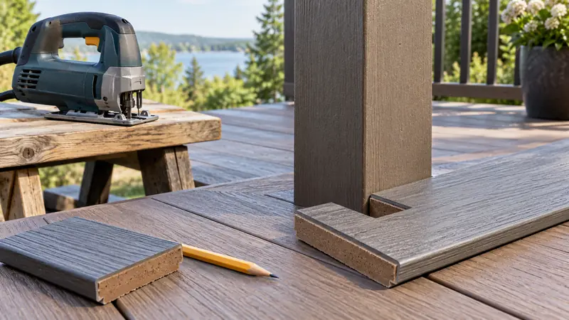 Notched composite decking sample beside a post, offcut and parked jigsaw