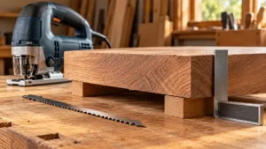 Thick hardwood on raised supports beside a long jigsaw blade and square