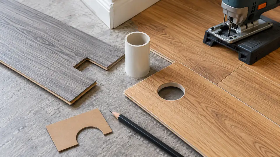 Laminate and vinyl plank fitting cuts with a jigsaw and pipe-opening template
