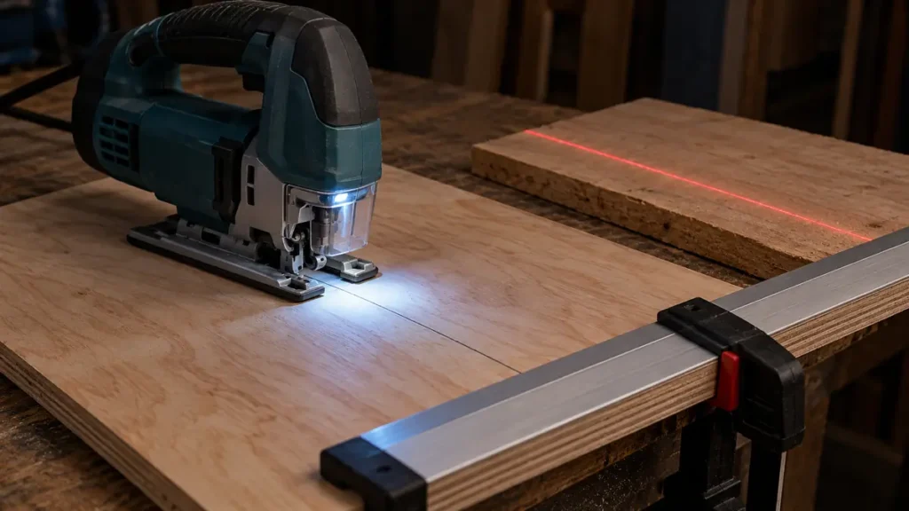 Jigsaw cut-line lighting, a laser reference and a clamped straightedge on plywood