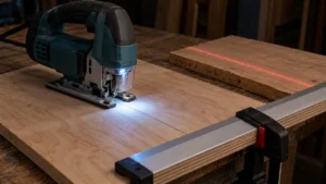 Jigsaw cut-line lighting, a laser reference and a clamped straightedge on plywood