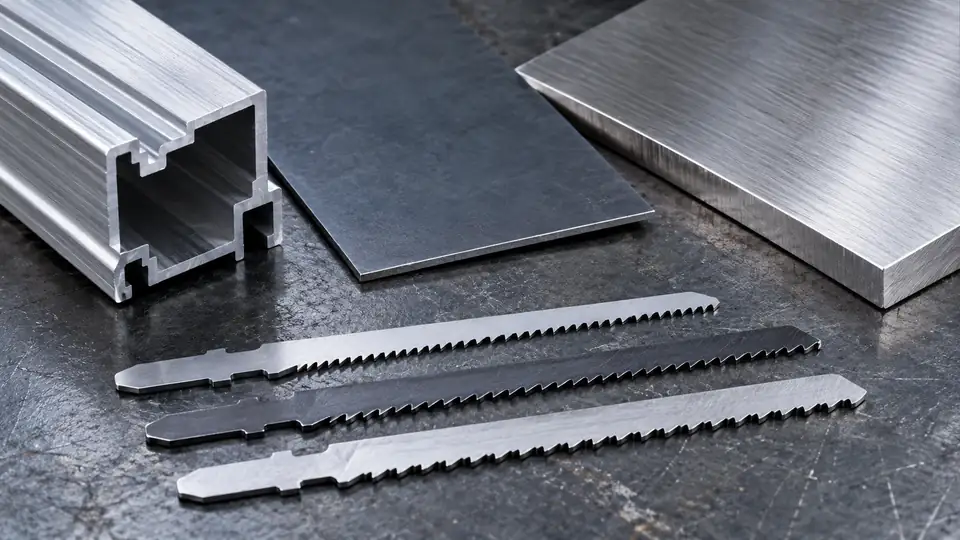 Aluminum profile and sheet-metal samples beside fine-tooth jigsaw blades