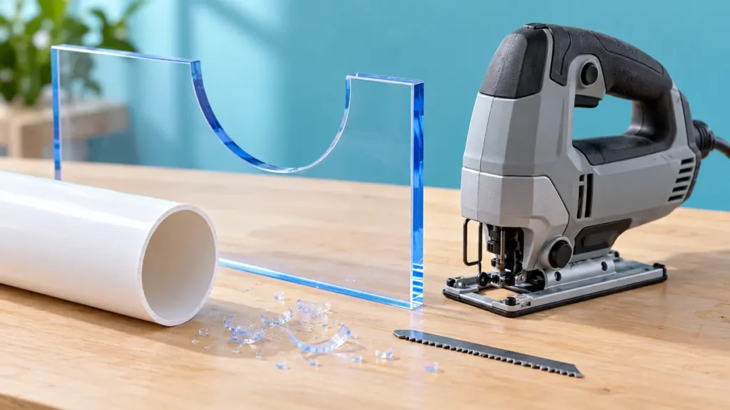 Acrylic panel and PVC pipe beside a jigsaw and plastic-cutting blade