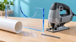 Acrylic panel and PVC pipe beside a jigsaw and plastic-cutting blade