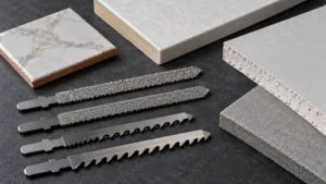 Tile, fiberglass, drywall and fiber-cement samples with specialty jigsaw blades