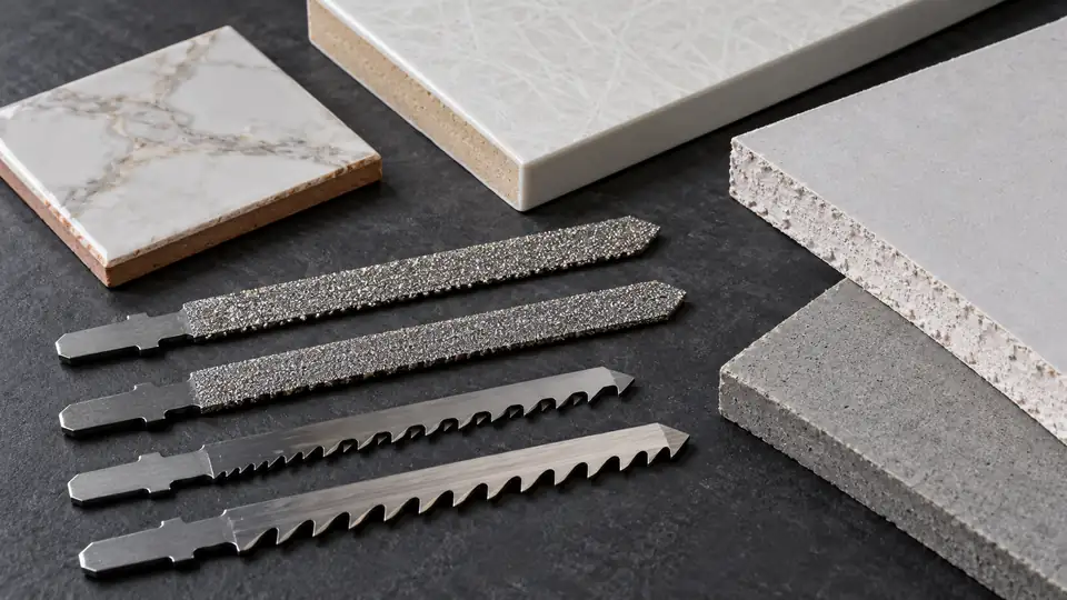 Tile, fiberglass, drywall and fiber-cement samples with specialty jigsaw blades