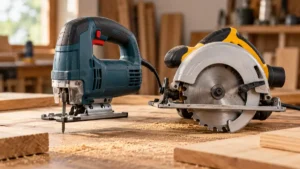 Jigsaw and guarded circular saw shown side by side on a carpentry bench