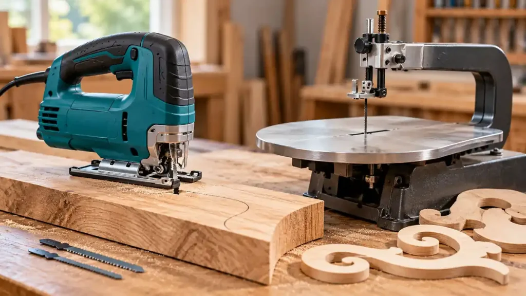 Handheld jigsaw and stationary scroll saw compared in a craft workshop