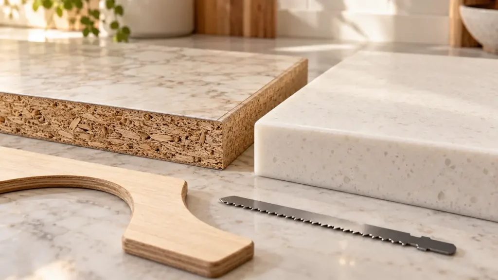 Laminate-core and solid-surface countertop samples with a cutout template