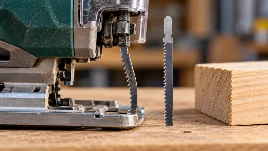 Straight and slightly bent jigsaw blades beside an unpowered jigsaw