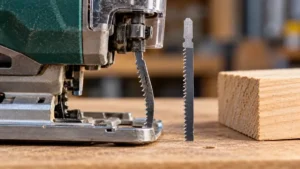 Straight and slightly bent jigsaw blades beside an unpowered jigsaw